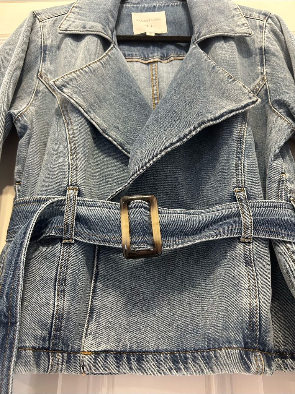Habitual Wrap Tie Cropped Moto Trench Medium Wash Blue Jean Denim Belted Jacket - Picture 5 of 8